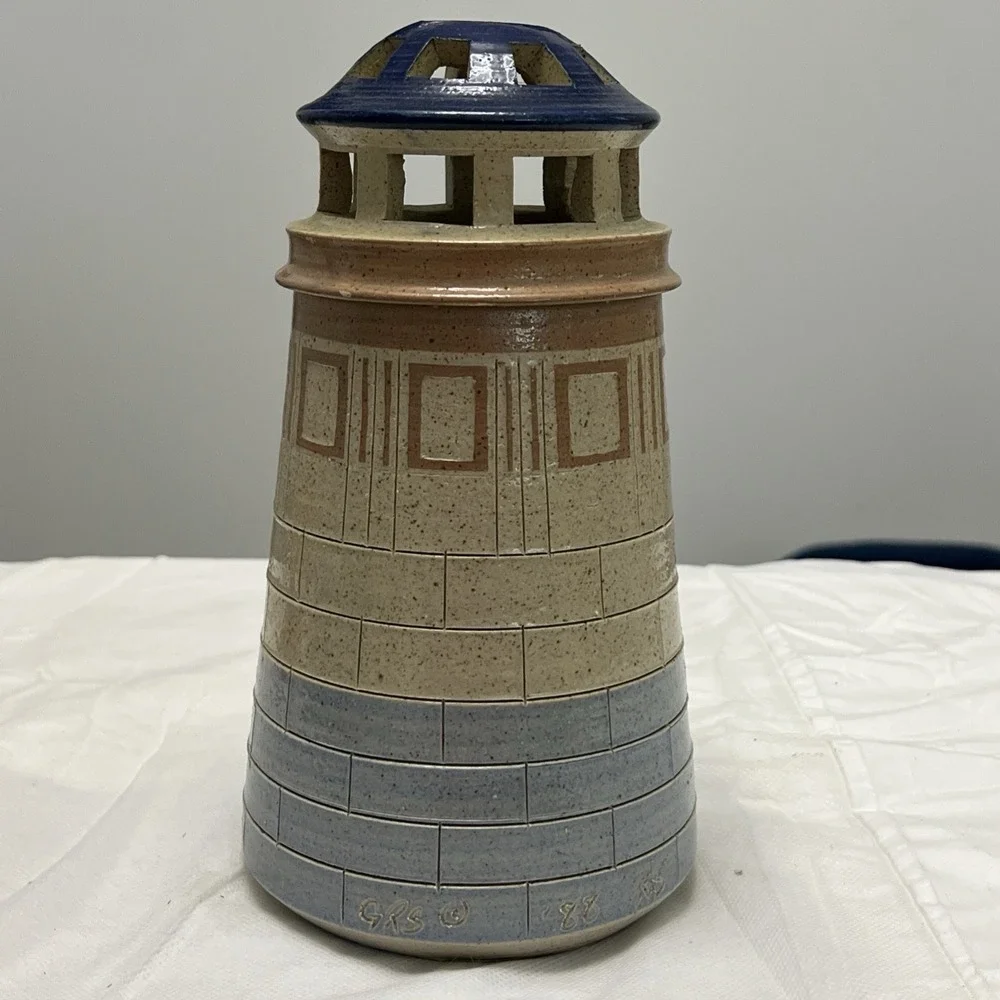 Vtg Gills Rock Stoneware Handcrafted Lighthouse Oil Lamp Candle Holder Coastal